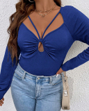 Women Knit Strappy Ruched Hollow Out Sexy T-shirt Plus Size Top Black Blue XL-3XL