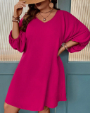Long Sleeve V Neck Solid Color Loose Casual Women Plus Size Dresses Rosy XL-3XL