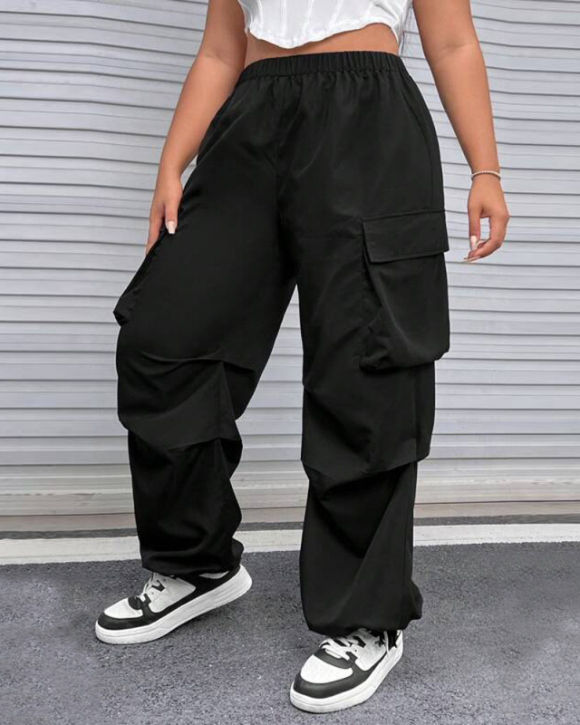 New Solid Color Big Pocket Women Plus Size Bottoms Black XL-3XL