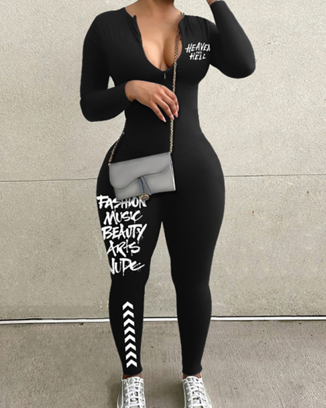 Long Sleeve Letter Printed Women Jumpsuit XS-XL