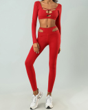 Women Long Sleeve Hollow Out Sexy Yoga Two-piece Set S-XL