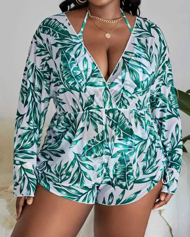 Long Sleeve Florals Sexy Mesh Cover Women Plus Size Swimsuit Three Piece Sets Blue Cyan L-4XL