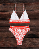 Summer Florals V Neck Sling High Waist High Cut Bikinis Two-piece Swimsuit Orange S-XL
