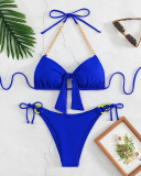 Women Bikinis Halter Neck Two-piece Swimsuit Blue S-XL