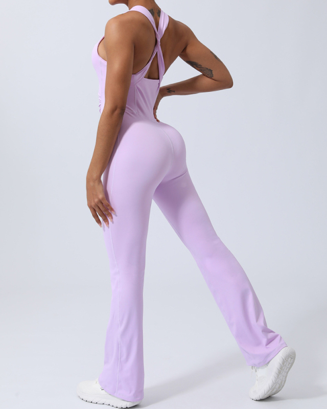 Women Solid Color Sleeveless Vest Top High Waist Yoga Sports Jumpsuit White Purple Blue Brown Black S-XL
