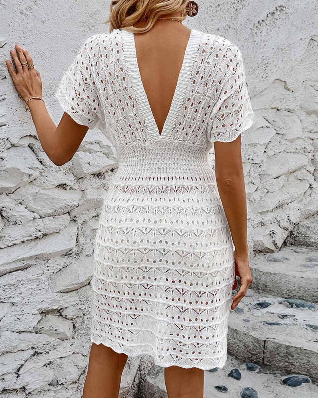 Short Sleeve V-neck Crochet Knitted Beach Dress