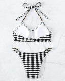 Halter Neck Colorblock Beach Wear Two-piece Swimsuit Black White XS-L