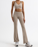 Woman Fitness Running V Neck Bra Wide Leg Pants Yoga Two-piece Suit Orange White Khaki Black S-L