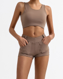 Women U Neck Backless High Waist Traning Shorts Yoga Two-piece Sets Black White Khaki Brown Gray S-L