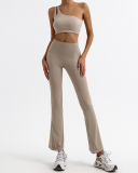 Women One Shoulder Strappy Hollow Out High Waist Wide Leg Pants Yoga Two-piece Sets Orange Khaki White Black S-L