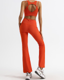 Woman Fitness Running V Neck Bra Wide Leg Pants Yoga Two-piece Suit Orange White Khaki Black S-L