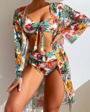 Women Long Sleeve Florals Printed Long Cover High Waist Three-piece Swimsuit S-L