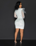 Women Elegant Sequin Feather V Neck Mesh Long Sleeve Mini Evening Dress Black White S-2XL