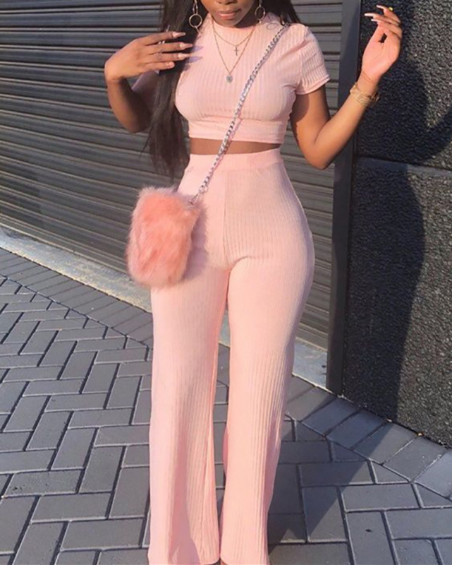 Women Solid Color Short Sleeve Crop Top High Waist Pants Sets Two Pieces Outfit Pink XS-XL