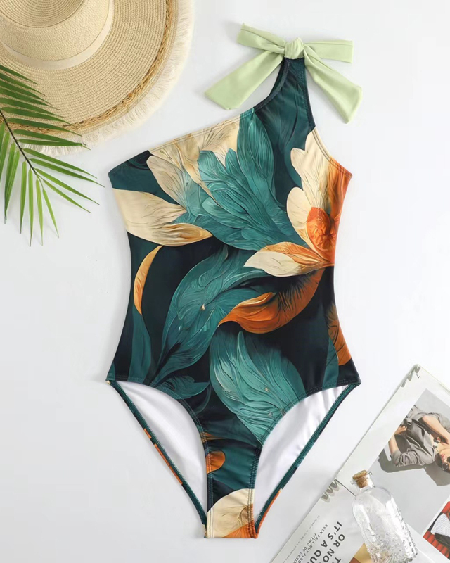 Retro One Shoulder Swimwear Florals Printed Cover Skirt Two-piece Swimsuit S-XL