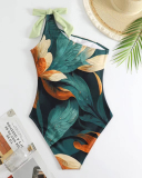 Retro One Shoulder Swimwear Florals Printed Cover Skirt Two-piece Swimsuit S-XL