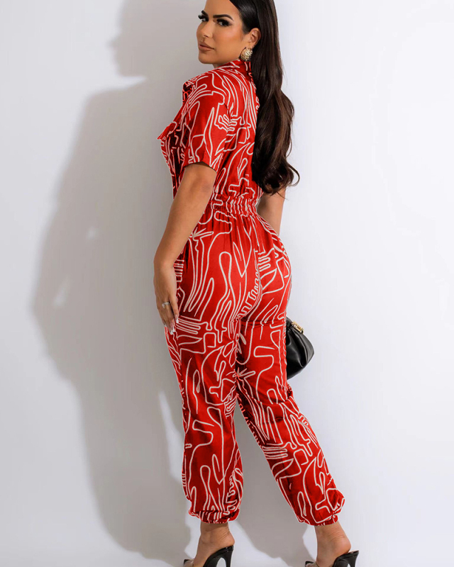 Deep V-neck Women Printed Jumpsuit S-2XL