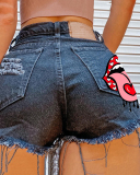 Women High Waist Hole Lips Printing Jean Shorts Gray Black Blue S-4XL