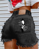 Popular Skeleton Bone Printed Women Shorts Jeans Black Light Blue S-3XL