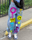Graffiti Smile Printed High Waist Wide Leg Fashion Women Jeans Light Blue S-3XL