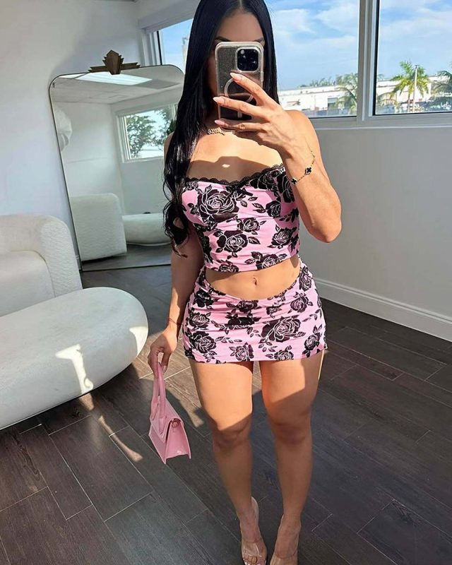 Lace Printed Women Cute Summer Two Piece Skirt Set S-XL