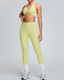 Summer Halter Neck Breathable Quick Drying High Waist Pants Yoga Two-piece Set Pink Green Yellow Blue S-XL
