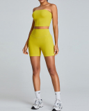 Summer Strapless Crop Top High Waist Shorts Sports Fitness Two-piece Sets Activewear Green Pink Yellow Black S-XL