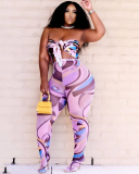 Women Printed Mesh Strappy Two Piece Pants Sets Pink Purple S-XL
