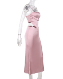 Diamond Shoulder Strap Vest Top Slim Satin Maxi Skirts Sets Two Piece Party Wear Pink S-XL