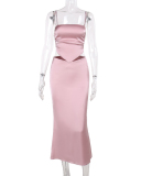 Diamond Shoulder Strap Vest Top Slim Satin Maxi Skirts Sets Two Piece Party Wear Pink S-XL