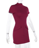 Elegant Short Sleeve Crew Neck Pocket Bodycon Midi Dress Black Wine Red Blue S-XL