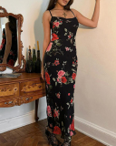 Floral Rose Printed Sling Sexy Slim One Piece Maxi Dress Black S-L