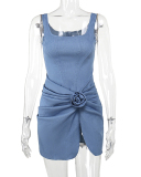 Women Slim U Neck Sleeveless Mini Rose Jean Dress Blue S-L