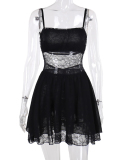 Women Lace See Through Patchwork Sling Mini Dress Black S-L