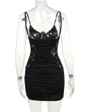 Women Patchwork Lace Sling Mini Bodycon Dress Black S-L