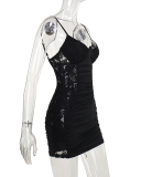 Women Patchwork Lace Sling Mini Bodycon Dress Black S-L
