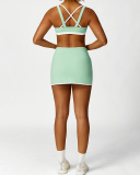 Colorblock Criss Cross Sports Bra Tennis Skirts Yoga Two-piece Sets S-L