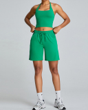 Women Halter Neck Outdoor Sport Vest Training Yoga Two-piece Shorts Set Green Pink White Brown S-XL