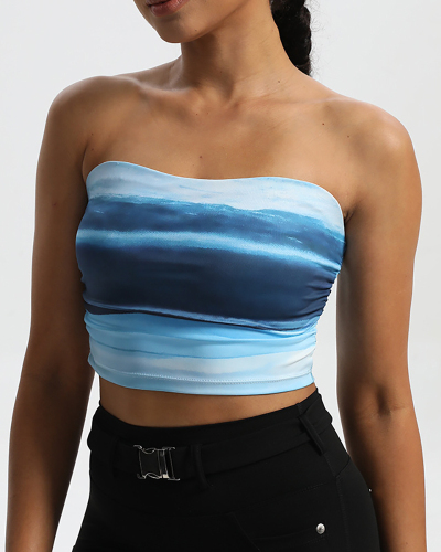 Colorblock Printed Summer Strapless Fitness Sports Tube Top Blue Red S-L