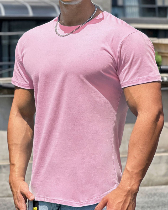 Solid Color O Neck Short Sleeve Men's Fitness T-shirt White Black Pink Blue Gray M-2XL