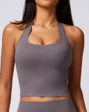 Women Sports Quick Dry Halter Neck Active Wear Vest Black Brown Gray Gray Pink S-XL