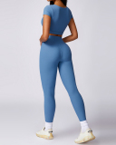 Factory Price Sports Button Short Sleeve Crop Top High Waist Pants Two Piece Sets Blue Black Brown Gray S-XL