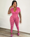 Short Sleeve Pink Lace See Through Women Sexy Jumpsuit S-L