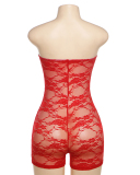 Women Strapless Lace See Through Sexy Club Wear Romper Red Black Blue S-L