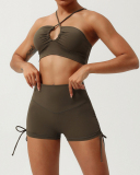 Women Quick Dry Halter Neck Criss Cross Drawstring Shorts Sets Yoga Two Pieces Sets S-XL