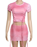 Women Summer Fashion Ruched Slim Short Sleeve Skirt Sets Pink Gray S-L