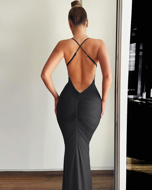 Open Back Black Women Long Dress S-L