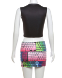 Factory Price Popular Keyboard Printing Summer Sleeveless Vest Skirts Two Piece Sets Black S-L