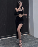 Halter Neck Backless Hollow Out Chain Sexy Black Women Party One-piece Dress S-L