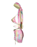 Women Strappy Beach Wear Fashion Printed Four Piece Swimsuit Bikinis Skirts Headscarf Pink Plain S-XL